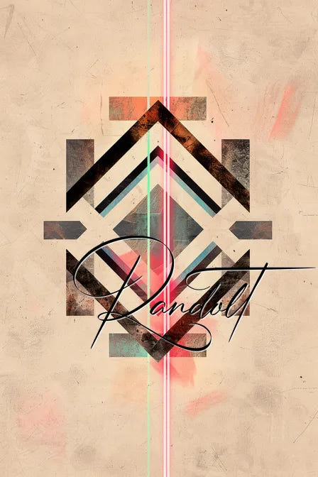 Geometric abstract art with dark shapes, neon pink line, and 'Pandoit' text on beige textured background.
