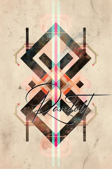Geometric abstract design with overlapping shapes in various colors and a cursive text overlay on a textured background.