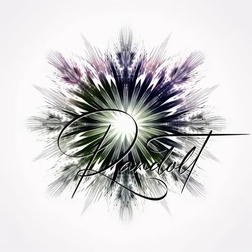 Artistic radial burst design with Randolt in cursive, featuring a blend of black, white, and purple shades.