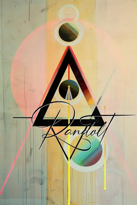 Geometric abstract art with triangles, circles, and vivid colors like pink and yellow, adorned with the word 'Randolt.'