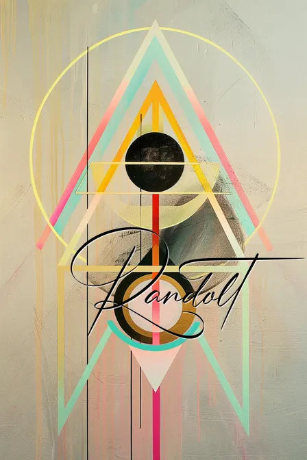 Geometric abstract art with intersecting triangles, circles, and colorful lines, overlaid with cursive text 'Candle'.