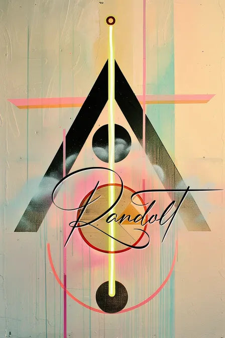 Geometric design with triangle, circles, and neon lines featuring the text 'Randolt' in cursive.