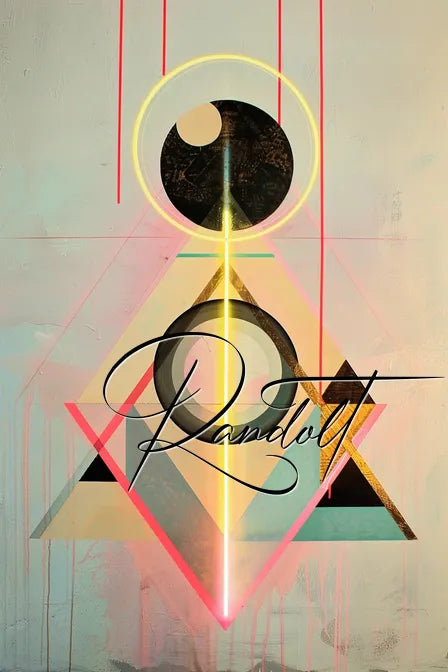 Geometric abstract art with triangles, circles, and neon colors, featuring the text 'Randcoot' in cursive.