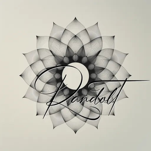 Geometric flower design with black petals and elegant cursive text 'Randolt' overlaying a crescent shape in the center.