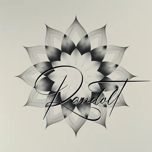 Monochrome mandala design with the script 'Randolt' overlay.