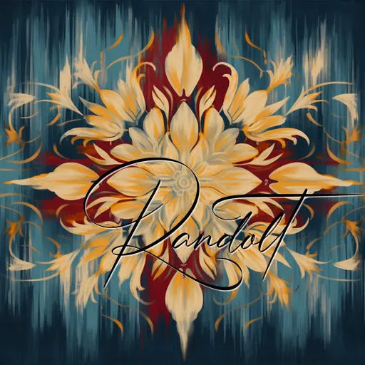 Ornate floral mandala on a colorful background with flowing text overlay 'Randolt'