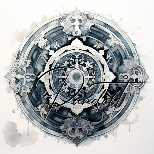 Intricate mandala design in shades of grey with ornate patterns and cursive text overlay.