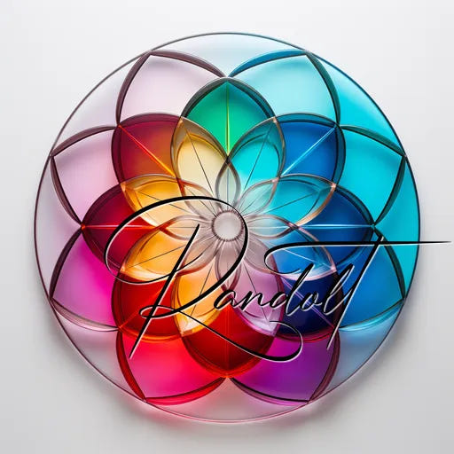 Colorful geometric pattern with overlapping circles and Randolt text in elegant script on a white background.