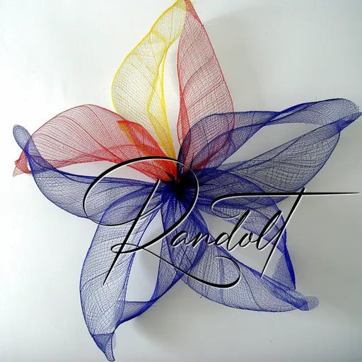 Abstract mesh flower with colorful overlapping petals in blue, red, and yellow on a white background.