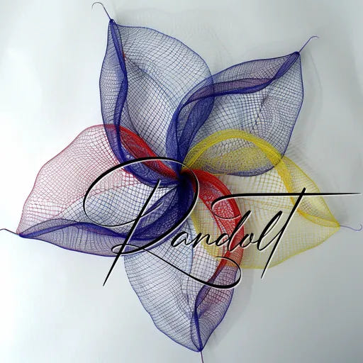 Colorful mesh sculpture with interwoven red, blue, and yellow shapes on a white background.