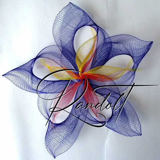 Colorful mesh flower with overlapping blue, yellow, and red petals, featuring elegant 'Randolt' script.