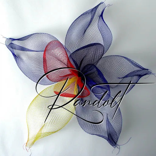 Colorful mesh flower with blue, red, yellow petals and a signature overlay on a white background.