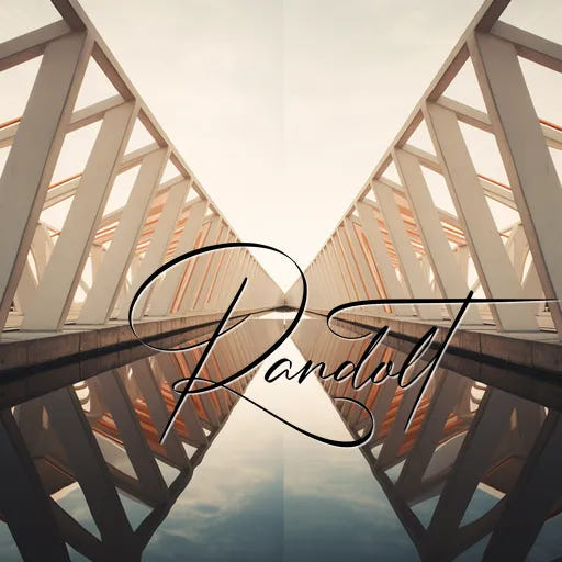 Modern architectural bridge with metal beams reflecting in calm water, with script 'Randolt' overlay.