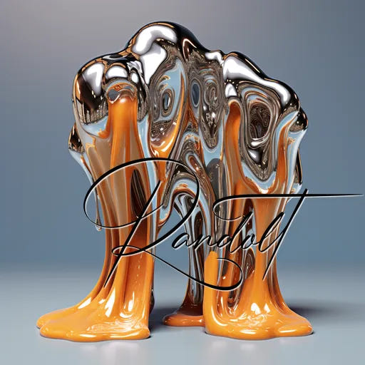 Abstract sculpture with fluid metallic and orange forms on gray background, featuring decorative Randolt text overlay.