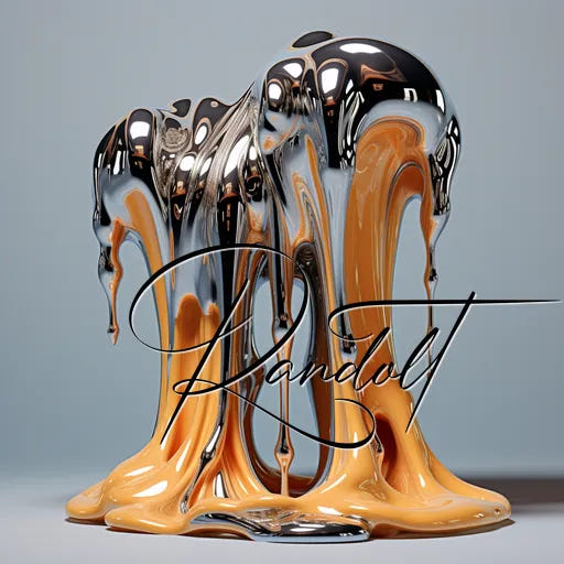 Abstract sculpture with metallic and orange fluid forms melting, with elegant script stating Randolt overlaid.