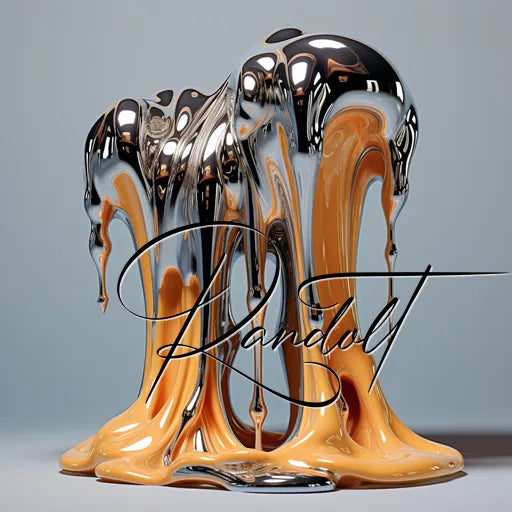 Abstract sculpture with metallic and orange fluid forms melting, with elegant script stating Randolt overlaid.