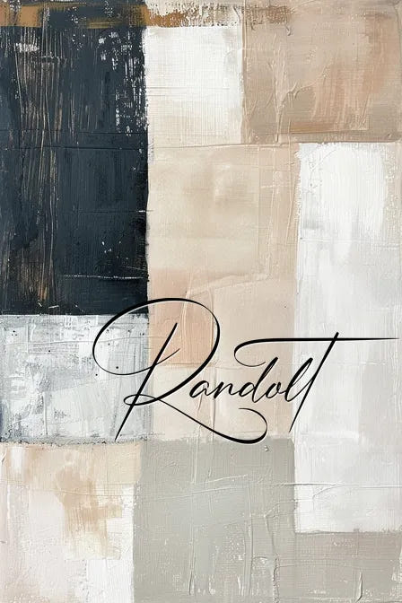 Abstract painting with beige, black, and gray blocks; stylized cursive word 'Randolt' overlaid in center.