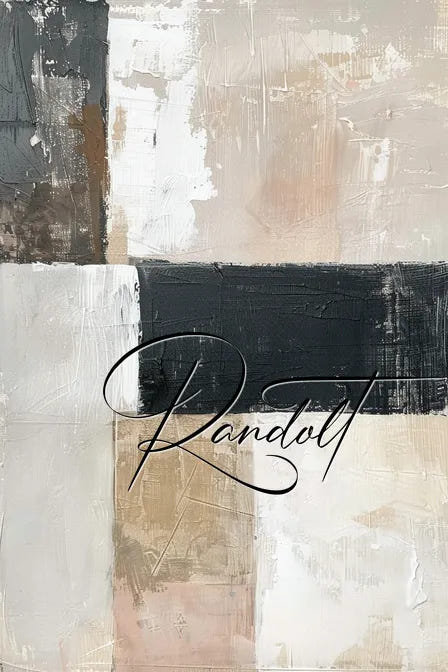 Abstract painting with block patterns in beige, black, and white hues; signature 'Randolt' over the art.