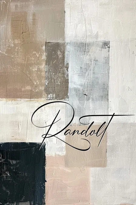 Abstract geometric painting with beige and gray rectangles, featuring the word 'Randolt' in elegant script.