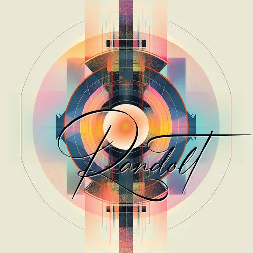 Abstract geometric art with overlapping circles and lines in vibrant blues, oranges, and pinks. Randolt text overlaid.