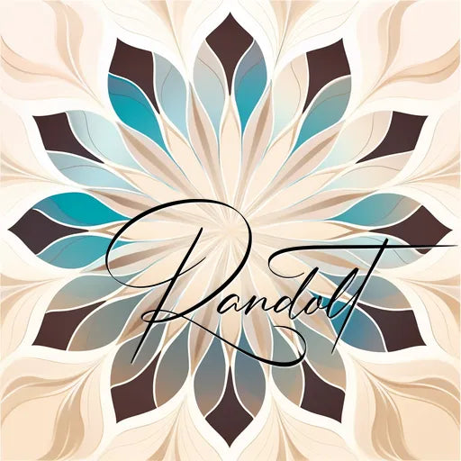Intricate floral mandala with blue, beige, and brown tones. Center has elegant cursive script reading 'Randolt'