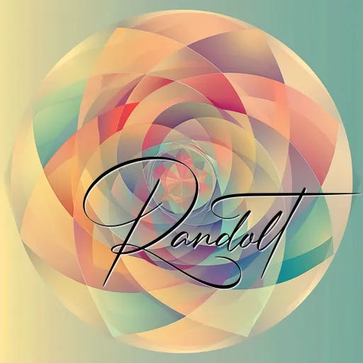 Geometric abstract design with pastel circles and layered colors, featuring cursive text Randolt overlay.