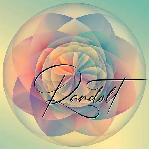 Abstract multicolored geometric pattern with overlaying cursive text 'Randolt' in the center.