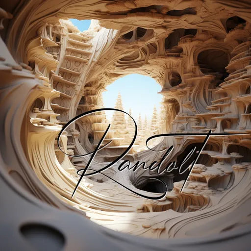 Surreal spiral cave with intricate patterns and light streaming in; Randolt written across the image.