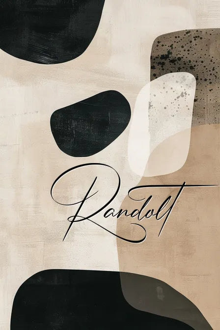 Abstract design with bold black, white, and tan shapes; cursive text 'Randolt' overlaying the pattern.