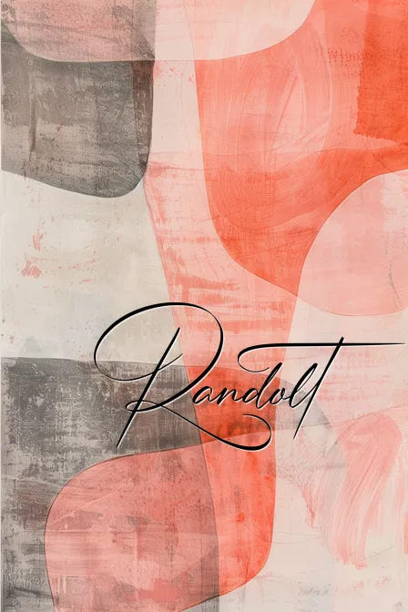 Abstract painting with overlapping orange and gray shapes, with 'Randolt' written in elegant script.