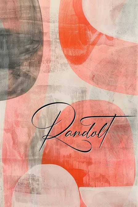 Abstract art with pink, red, and gray shapes; cursive text 'Randolt' in the center.