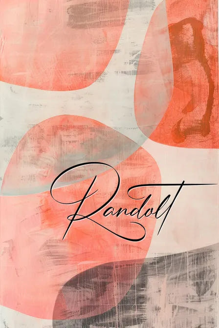Abstract painting with layered pink, orange, and gray shapes; the word 'Randolt' is written in elegant script.