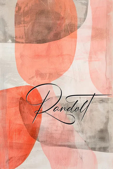 Abstract painting with overlapping pink, gray shapes and cursive 'Randolt' text.