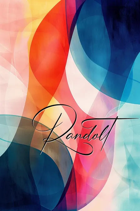 Abstract painting with colorful overlapping curved shapes and Randolt in elegant script.