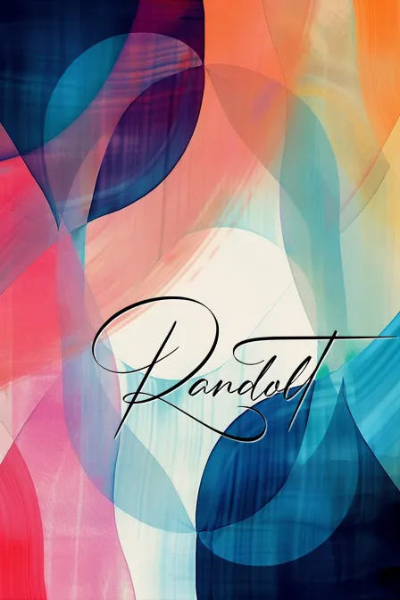 Abstract colorful design with overlapping circles in pink, blue, and orange shades, featuring elegant script 'Randolt'