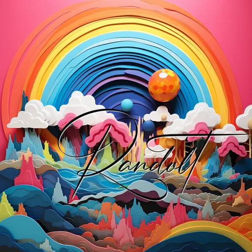 Colorful layered paper art with a rainbow, clouds, an orange sphere, and the word Randolt on a pink background.