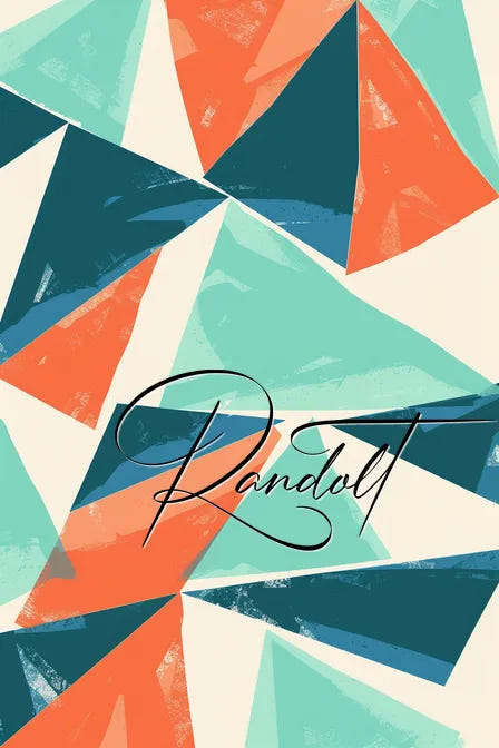 Abstract geometric design with teal and orange triangles, featuring cursive text 'Randolt' in the center.