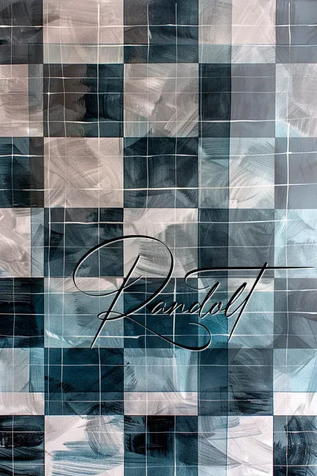 Abstract grid artwork with dark green and gray squares, featuring the word 'Randolt' in cursive.