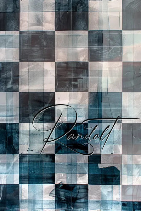 Abstract blue and white checkered painting with the word Randolt in cursive overlayed.