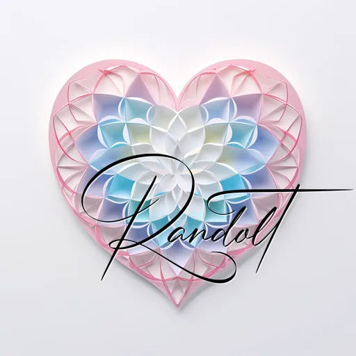 Intricate paper art heart with pastel colors and elegant script text 'Randolt' overlayed.