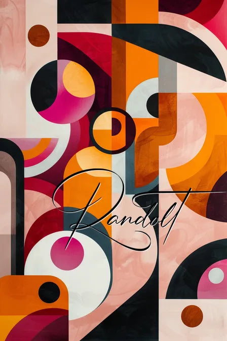 Colorful abstract geometric painting with circles and rectangles in pink, orange, and black hues, signed 'Randolt'