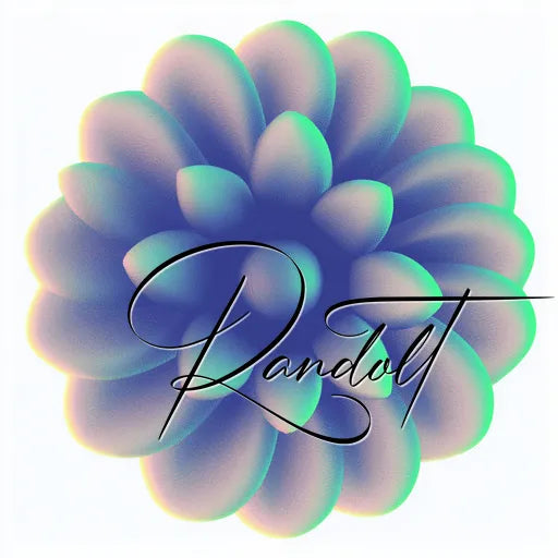 Abstract floral design with gradient colors and Randolt script overlay.