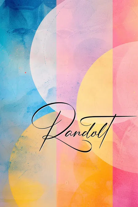 Colorful abstract design with overlapping circles in blue, pink, and yellow hues, featuring elegant script text 'Randolt'