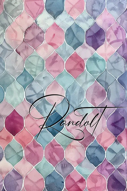 Abstract mosaic pattern with pastel colors in teardrop shapes and cursive word 'Randolt'