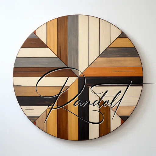 Circular wood panel with geometric pattern and the word 'Randolt' written across in cursive script.