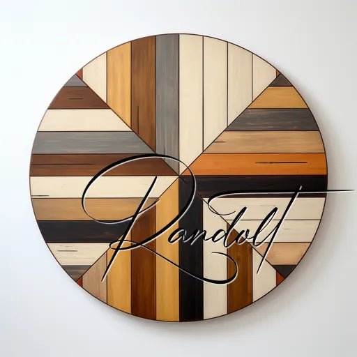 Circular wood panel with geometric pattern and the word 'Randolt' written across in cursive script.