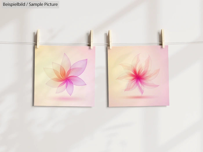 Two floral art prints with pastel colors, clipped to a white string against a light background.