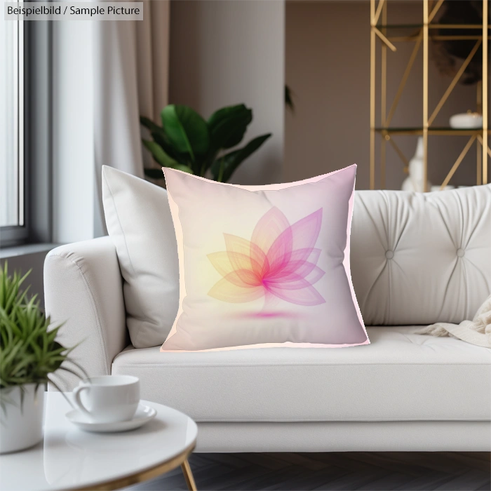White sofa with a pastel flower design cushion in a stylish living room.