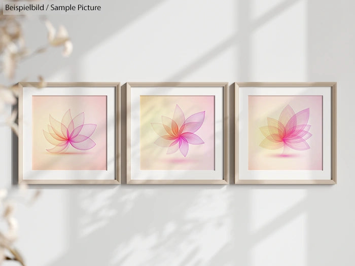 Three framed abstract floral artworks with pink and orange hues on a white wall.