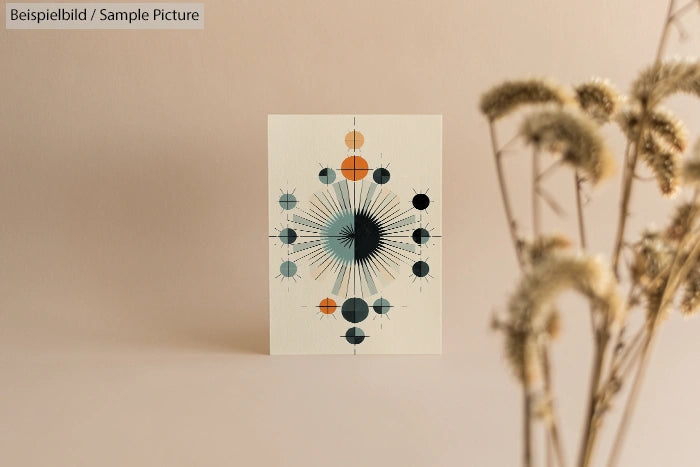 Abstract geometric art print with circular patterns and spiky lines in orange and teal on a beige background.